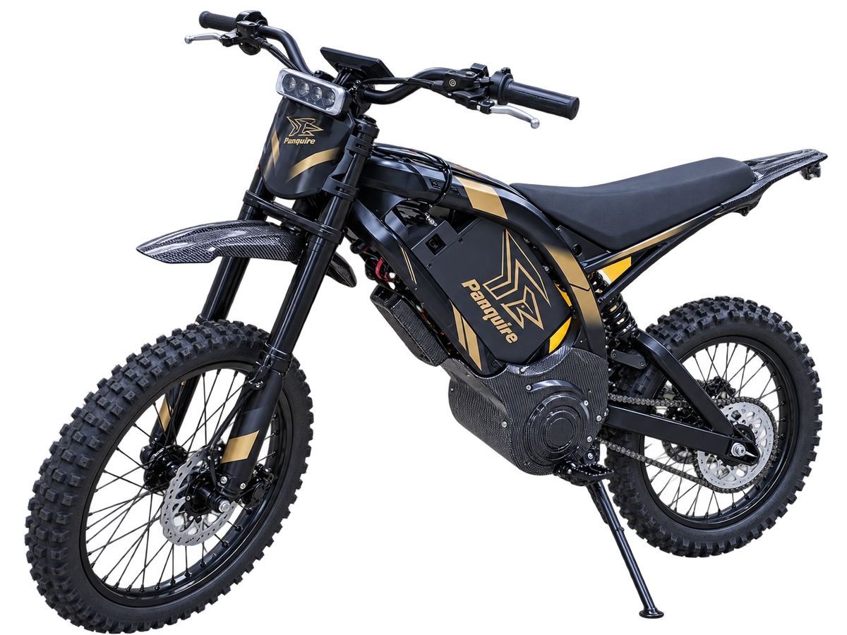 Panquire T-01 electric dirt bike front three-quarter view showing the drivetrain