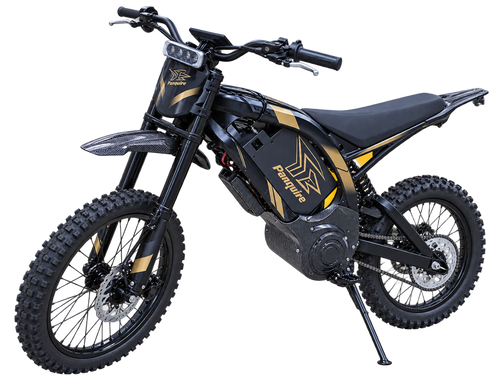 Panquire T-01 electric dirt bike front three-quarter view showing the drivetrain